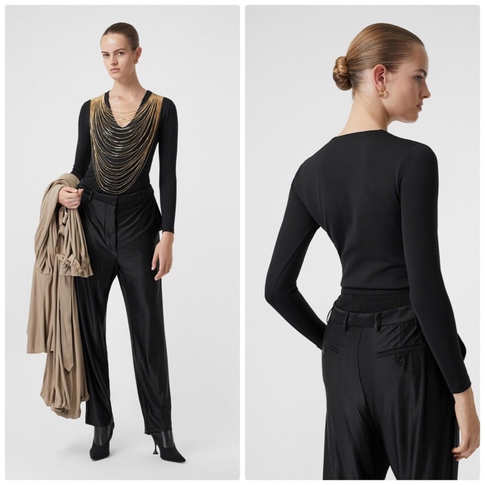 Burberry Chiers Multi-Chain Black Gold Chain V-Neck Long Sleeve Bodysuit NWT XL - Picture 2 of 7